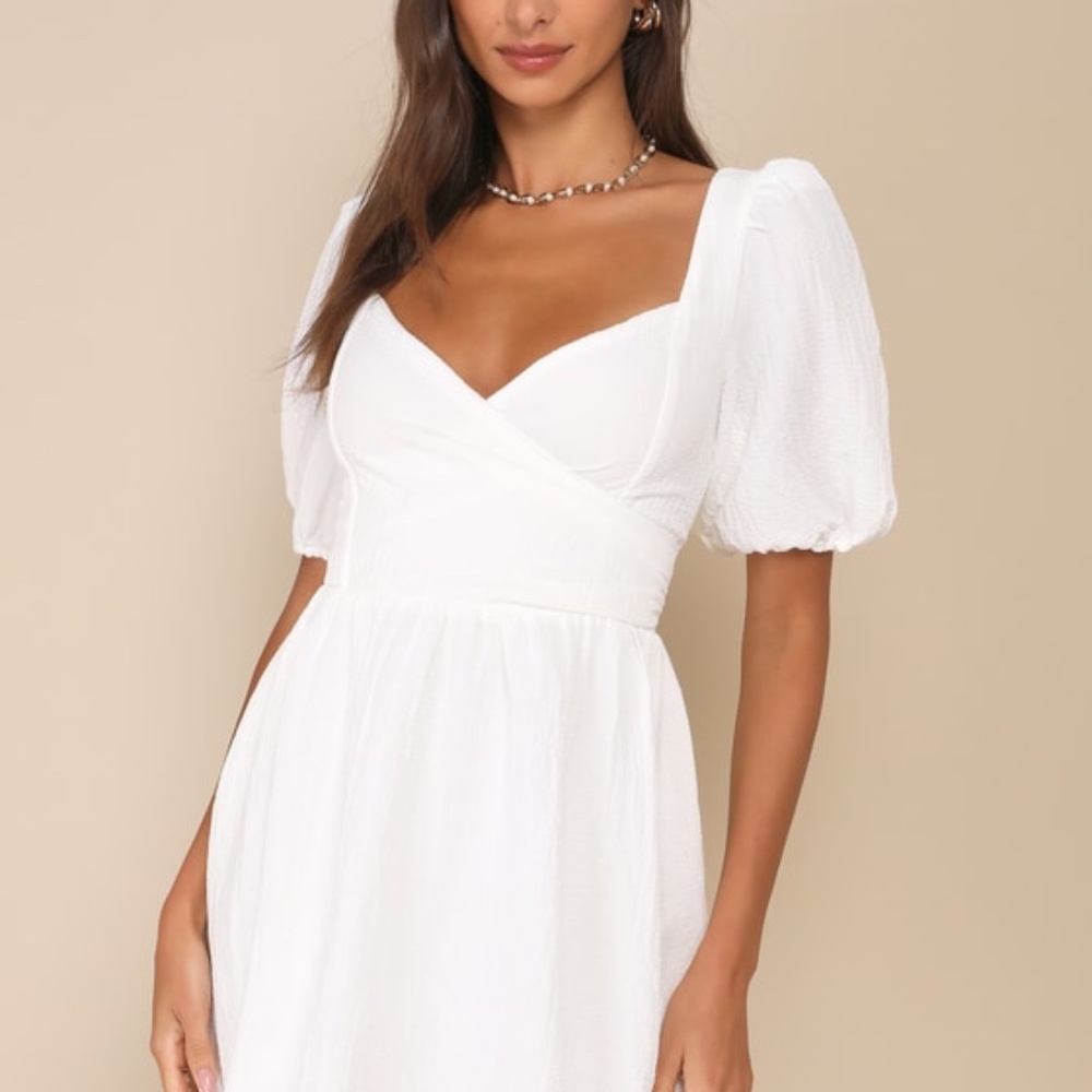 Lulus Little Bit In Love White Surplice Puff Sleeve Mini Dress - Size M